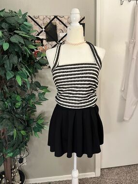 Moa Moa Black and White Striped Halter Crop Top